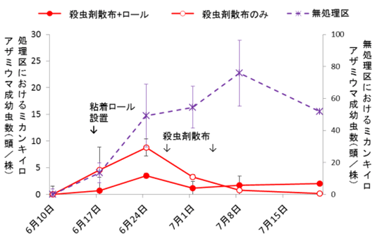 図2 ミカンキイロアザミウマの発生推移（施設トマト）（処理区は左軸、無処理区は右軸）